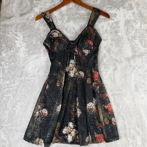 Romantic Boho Y2K Floral Lace Mini Dress Black V-Neck Tie Front Fit